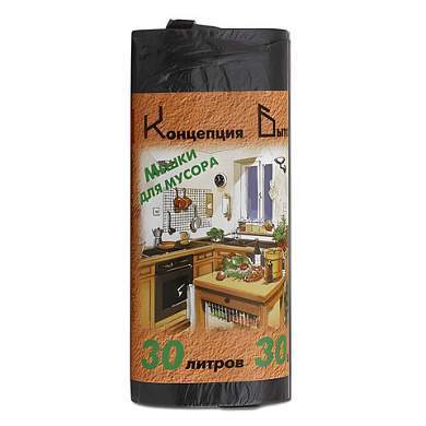 Мешки для мусора 30 л, черные, в рулоне 30 шт., ПНД, 7 мкм, 50х60 см, стандарт, КБ, 0046 (арт. 600375)