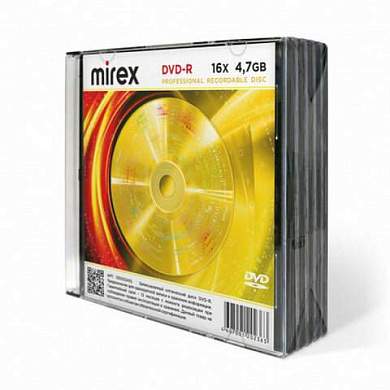 Диски DVD-R MIREX, 4,7 ГБ, 16x, Slim Case, КОМПЛЕКТ 5 шт., UL130003A1F (арт. 514008)
