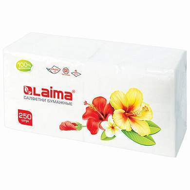 Салфетки бумажные 250 штук, 24х24 см, LAIMA, белые, 100% целлюлоза, 128728 (арт. 128728)