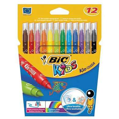 Фломастеры BIC "Kid Couleur", 12 цветов, суперсмываемые, вентилируемый колпачок, европодвес, 9202932 (арт. 150647)