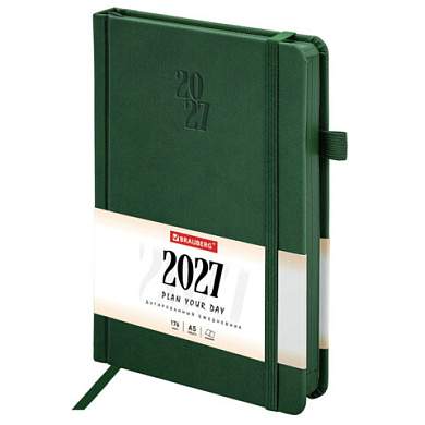 Ежедневник датированный 2027, А5, 138х213 мм, BRAUBERG "Plain", под кожу, резинка, держатель для ручки, темно-зеленый, 118038 (арт. 118038)