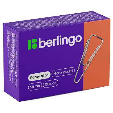Скрепки 25мм, Berlingo, 100шт., никелированные треугольные, с отогнутым носиком, карт. упаковка (арт. 115995)