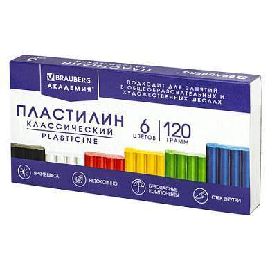 Пластилин классический BRAUBERG "АКАДЕМИЯ КЛАССИЧЕСКАЯ", 6 цветов, 120 г, СТЕК, ВЫСШЕЕ КАЧЕСТВО, 106440 (арт. 106440)