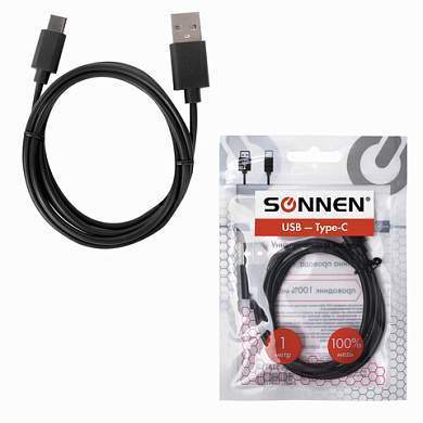 Кабель USB 2.0-Type-C, 1 м, SONNEN, медь, для передачи данных и зарядки, черный, 513117 (арт. 513117)