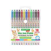 Ручки гелевые КЛАССИЧЕСКИЕ BRAUBERG KIDS "CUTE ANIMALS", НАБОР 12 ЦВЕТОВ, корпус с печатью, узел 1 мм, линия письма 0,7 мм, 144445 (арт. 144445)