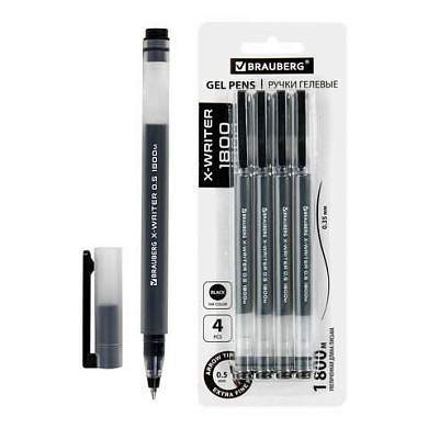 Ручки гелевые BRAUBERG X-WRITER 1800, УВЕЛИЧЕННАЯ ДЛИНА ПИСЬМА 1 800 м, ЧЕРНЫЕ, НАБОР 4 ШТУКИ, стандартный узел 0,5 мм, 144136 (арт. 144136)