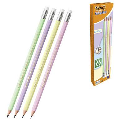 Карандаш чернографитный BIC, 1 шт., "Evolution Pastel", HB, с ластиком, корпус ассорти, 518306 (арт. 182214)