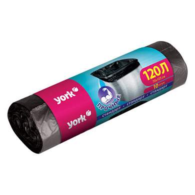 Мешки для мусора 120 л, черные, в рулоне 10 шт., ПНД, 13 мкм, YORK, 902150 (арт. 703723)