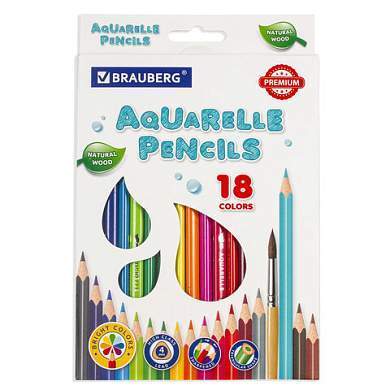 Карандаши цветные акварельные BRAUBERG PREMIUM AQUARELLE, 18 цветов, трехгранные, утолщенный грифель 4 мм, натуральное дерево, 181672 (арт. 181672)