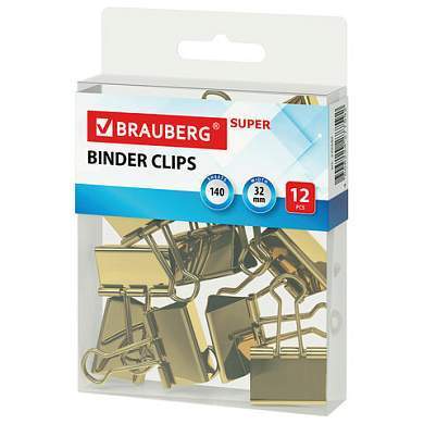 Зажимы для бумаг BRAUBERG EXTRA, КОМПЛЕКТ 12 шт., 32 мм, на 140 л., золотистые, европодвес, 229587 (арт. 229587)