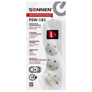Удлинитель сетевой SONNEN PSW-183, 3 розетки c заземлением, выключатель 10 А, 1,8 м, белый, 513659 (арт. 513659)