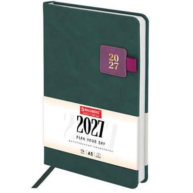 Ежедневник датированный 2027, А5, 138х213 мм, BRAUBERG "Accent", под кожу, держатель, зеленый/бордо, 118004 (арт. 118004)