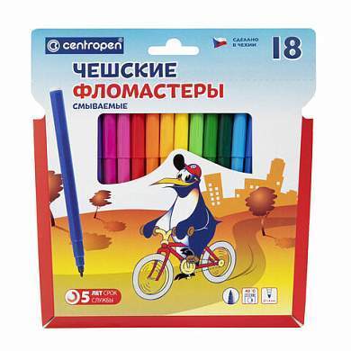 Фломастеры 18 ЦВЕТОВ CENTROPEN "Пингвины", смываемые, вентилируемый колпачок, 7790/18ET, 7 7790 1886 (арт. 150057)