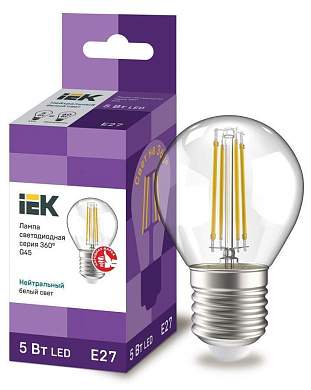 IEK шар G45 E27 5W(600lm) 4000К 4K прозр 78х45 филамент(нитевидная) 360° LLF-G45-5-230-40-E27-CL (арт. 691919)