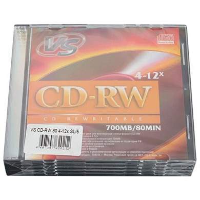 Диски CD-RW VS 700 Mb, 4-12x, Slim Case, КОМПЛЕКТ 5 шт., VSCDRWSL501 (арт. 511545)