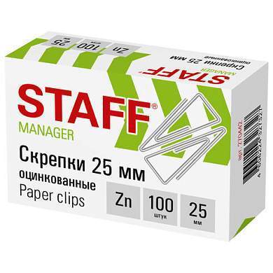 Скрепки STAFF, 25 мм, оцинкованные, треугольные, 100 шт., в картонной коробке, 270442 (арт. 270442)