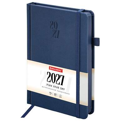 Ежедневник датированный 2027, А5, 138х213 мм, BRAUBERG "Plain", под кожу, резинка, держатель для ручки, синий, 118037 (арт. 118037)
