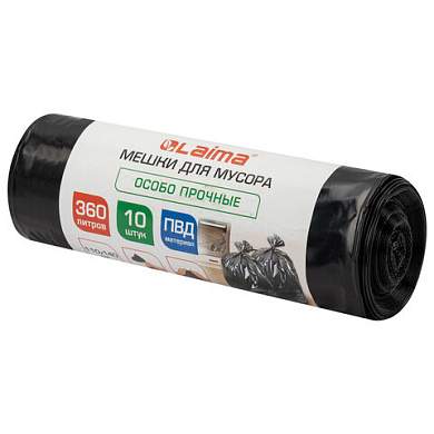 Мешки для мусора 360 л, черные в рулоне, 10 штук, особо прочные, ПВД 60 мкм, 110x140 см, LAIMA, 702687 (арт. 702687)