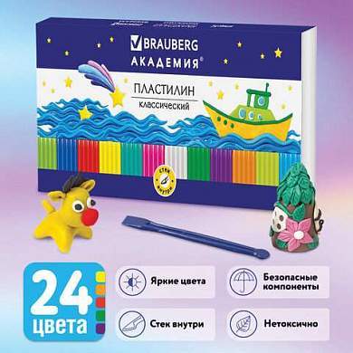 Пластилин классический BRAUBERG "АКАДЕМИЯ", 24 цвета, 480 г, со стеком, ВЫСШЕЕ КАЧЕСТВО, 105899 (арт. 105899)
