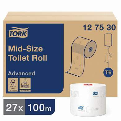 Бумага туалетная 100 м, TORK (Система Т6), комплект 27 шт., Advanced, 2-слойная, белая, 127530 (арт. 126135)