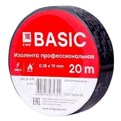 EKF Basic Изолента ПВХ 19/20 черная, класс А (профессиональная) 0.18х19 мм, 20 м plc-iz-a-b (арт. 458549)