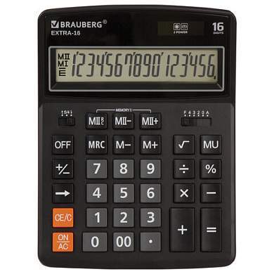 Калькулятор настольный BRAUBERG EXTRA-16-BK (206x155 мм), 16 разрядов, двойное питание, ЧЕРНЫЙ, 250475 (арт. 250475)