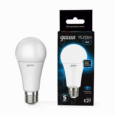 Gauss ЛОН A60 E27 16W(1520lm) 6500K 6K 180x60 матов., пластик 102502316 (арт. 783192)