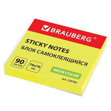 Блок самоклеящийся (стикеры), BRAUBERG, НЕОНОВЫЙ, 76х76 мм, 90 листов, желтый, 122702 (арт. 122702)