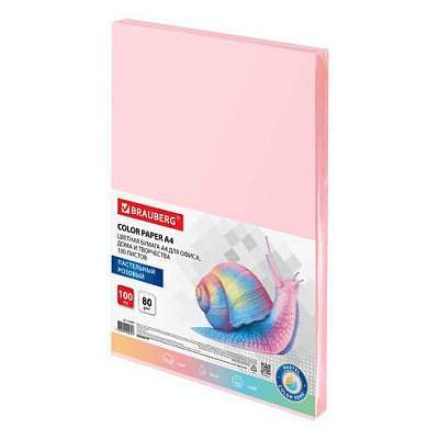 Бумага цветная BRAUBERG, А4, 80 г/м2, 100 л., пастель, розовая, для офисной техники, 112447 (арт. 112447)