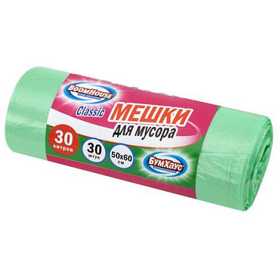 Мешки для мусора 30 л, зеленые, в рулоне 30 штук, ПНД 10 мкм, 50x60 см, серия "Classic", BOOMHOUSE (БУМХАУС), 702652 (арт. 702652)