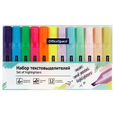 Набор текстовыделителей OfficeSpace 12цв., 6цв. пастельные, 6цв. неоновые, 1-4мм, ПВХ-бокс (арт. 360746)