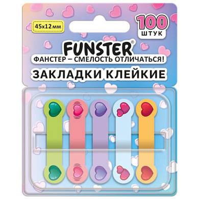 Закладки клейкие Z-сложения FUNSTER (ФАНСТЕР) "Сердечки", 45х12 мм, 100 шт. (5 цветов х 20 листов), в диспенсере, 116704 (арт. 116704)