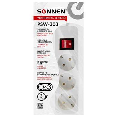 Удлинитель сетевой SONNEN PSW-303, 3 розетки c заземлением, выключатель 10 А, 3 м, белый, 513660 (арт. 513660)