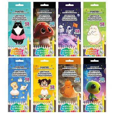 Карандаши цветные мягкие FUNSTER (ФАНСТЕР), АССОРТИ 8 ДИЗАЙНОВ, 12 цветов, трехгранные, натуральное дерево, 182158 (арт. 182158)