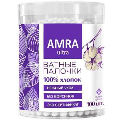 Ватные палочки 100 шт., AMRA, пластиковый стакан, ш/к 82480, П00055403 (арт. 117588)