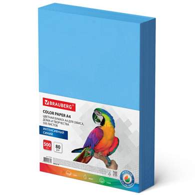 Бумага цветная BRAUBERG, А4, 80 г/м2, 500 л., интенсив, синяя, для офисной техники, 115214 (арт. 115214)