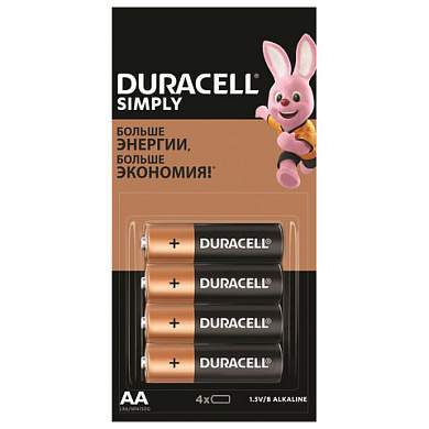 Батарейки КОМПЛЕКТ 4 шт. (отрывной блок) DURACELL Simply ОРИГИНАЛ, AA (LR6, 15А), алкалиновые, пальчиковые, Б0046868 (арт. 455043)