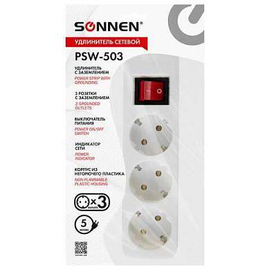 Удлинитель сетевой SONNEN PSW-503, 3 розетки c заземлением, выключатель 10 А, 5 м, белый, 513661 (арт. 513661)