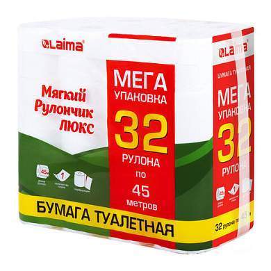 Бумага туалетная "МЯГКИЙ РУЛОНЧИК ЛЮКС" белая, 100% целлюлоза, спайка 32 рулона по 45 метров, 1-слойная, LAIMA, 114736 (арт. 114736)