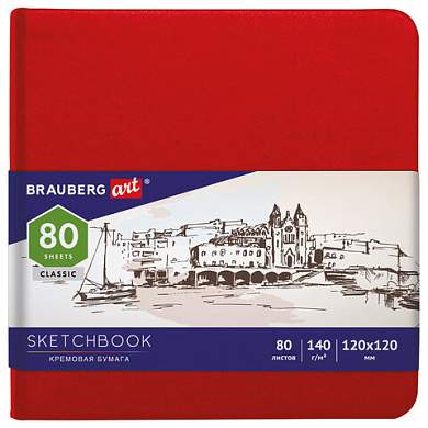 Скетчбук, слоновая кость 140 г/м2 120х120 мм, 80 л., КОЖЗАМ, резинка, BRAUBERG ART CLASSIC, красный, 113190 (арт. 113190)