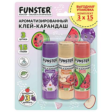 Клей-карандаш ароматизированный FUNSTER (ФАНСТЕР) (яблоко, арбуз, виноград), 15 г, ВЫГОДНАЯ УПАКОВКА, 3 штуки на блистере, 274270 (арт. 274270)