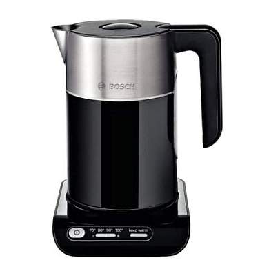 Чайник BOSCH TWK8613P, 1,5 л, 2400 Вт, закрытый нагревательный элемент, нержавеющая сталь, черный (арт. 453114)