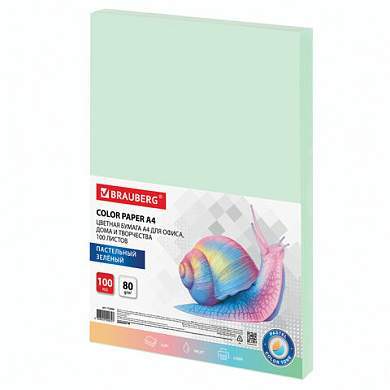 Бумага цветная BRAUBERG, А4, 80 г/м2, 100 л., пастель, зеленая, для офисной техники, 112444 (арт. 112444)