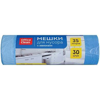 Мешки для мусора 35л OfficeClean ПНД, 48*52см, 13мкм, 30шт., прочные, синие, в рулоне, с завязками (арт. 243960)