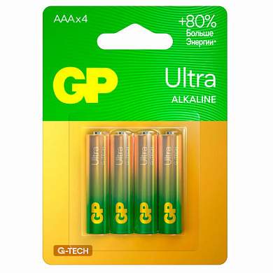 Батарейки КОМПЛЕКТ 4 шт., GP Ultra G-Tech, AAA (LR03, 24А), алкалиновые, мизинчиковые, 24AUA21-2CRSBC4 (арт. 457748)