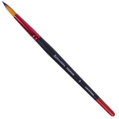 Кисть синтетика, круглая № 9, BRAUBERG PREMIUM, 201008 (арт. 201008)