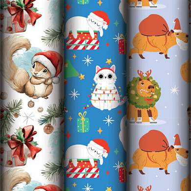 Бумага упаковочная новогодняя НАБОР 3 шт., "X-mas animals", 70х100 см, 3 дизайна, ЗОЛОТАЯ СКАЗКА, 592610 (арт. 592610)