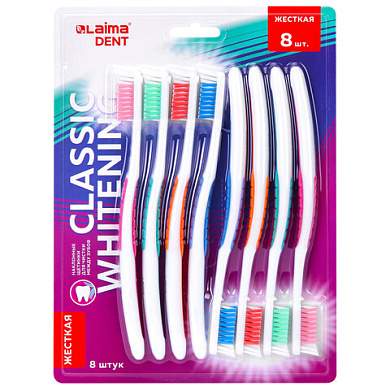 Зубная щетка жесткая CLASSIC WHITENING, безопасное отбеливание, КОМПЛЕКТ 8 шт., LAIMA DENT, 609315 (арт. 609315)