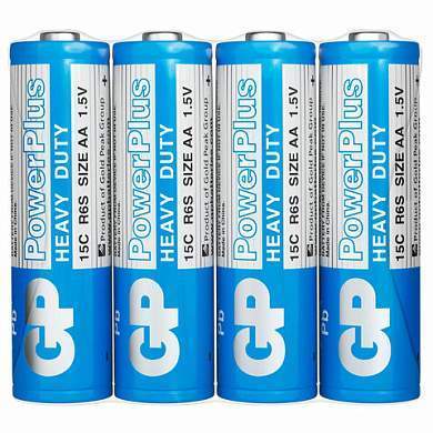 Батарейки КОМПЛЕКТ 4 шт., GP PowerPlus AA (R6, 15G), солевые, пальчиковые, в пленке, 15CEBRA-2S4 (арт. 457757)