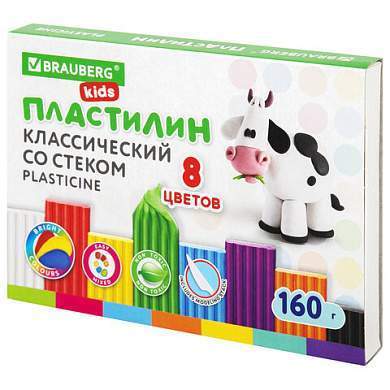 Пластилин классический BRAUBERG KIDS, 8 цветов, 160 г, со стеком, 106501 (арт. 106501)